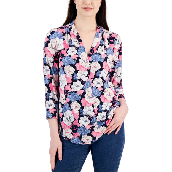 Charter Club Tops - Charter Club Women's XS Pink & Blue Floral Pleated-Neck 3/4-Sleeve Top NWT
